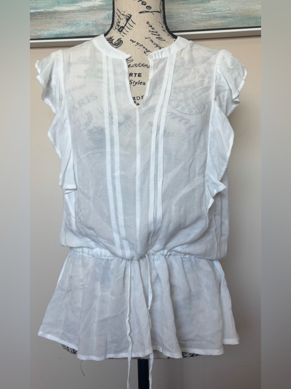 RW & CO White Sheer Ruffle Sleeve Peplum Blouse Sz M
